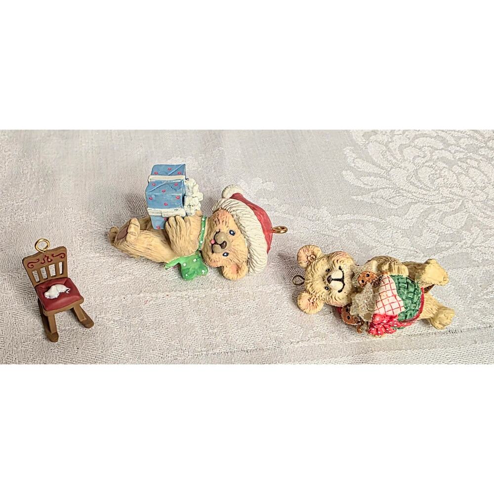Set of 3 Vtg AGC, Inc. Christmas Tree Ornaments Girl Bear Boy Bear Rocking Chair